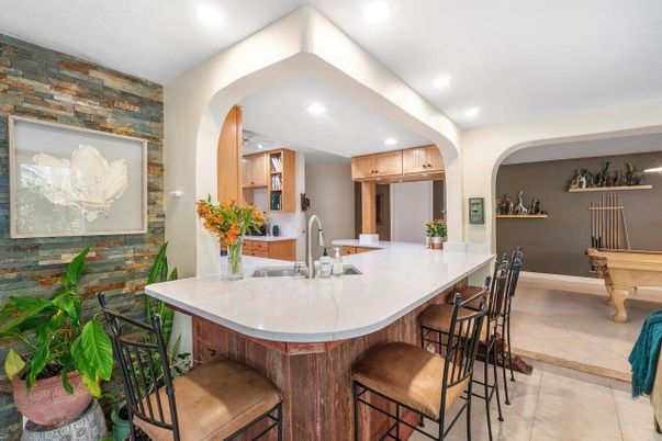 Dining room, Interior, Kitchen, Recessed Lighting, Stone Walls