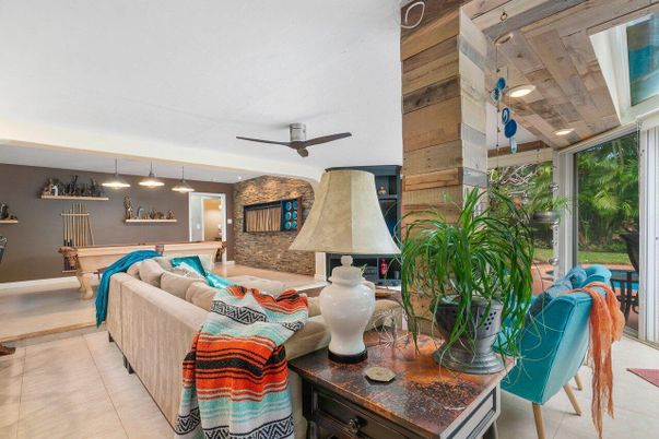Billiard Table, Fireplace, Game Room, Interior, Living room, Pendant Lights, Stone Walls, Wooden Walls