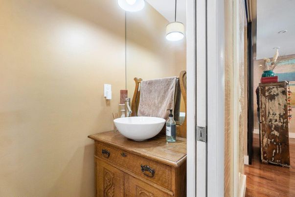 Bathroom, Interior, Pendant Lights, Wood Texture Flooring