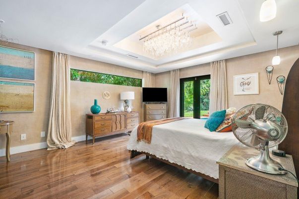 Bedroom, Chandelier, Interior, Pendant Lights, Recessed Lighting, Wood Texture Flooring