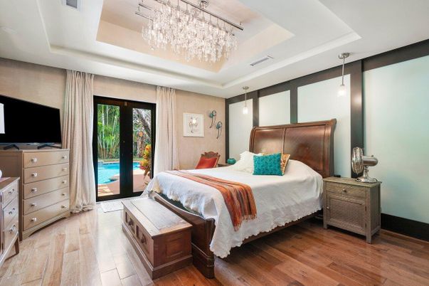 Bedroom, Chandelier, Interior, Pendant Lights, Wood Texture Flooring