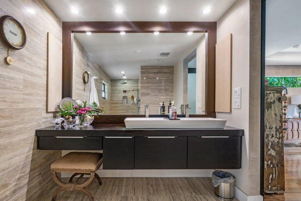 Bathroom, Dual Sink Vanities, Interior, Recessed Lighting, Wood Texture Flooring