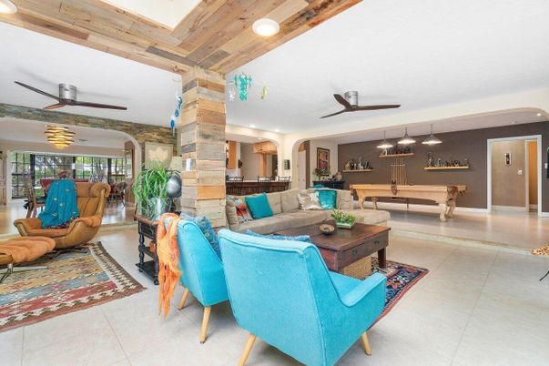 Billiard Table, Dining room, Game Room, Interior, Living room, Pendant Lights, Recessed Lighting, Wooden Ceilings
