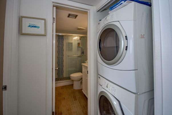 Bathroom, Glass Shower, Interior, Utility Closets, Washer, Wood Texture Flooring