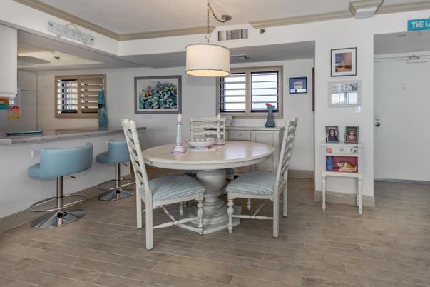 Dining room, Interior, Pendant Lights, Wood Texture Flooring