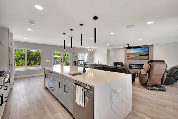 Interior, Kitchen, Living room, Pendant Lights, Recessed Lighting, Wood Texture Flooring