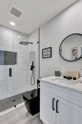 Bathroom, Glass Shower, Interior, Recessed Lighting, Wood Texture Flooring