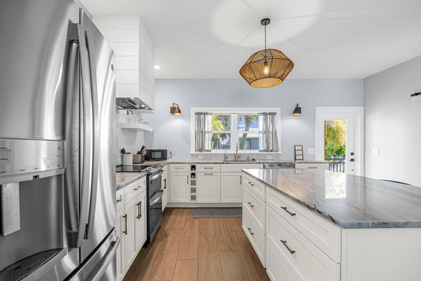 Interior, Kitchen, Pendant Lights, Recessed Lighting, Stainless Steel Appliances, Wood Texture Flooring