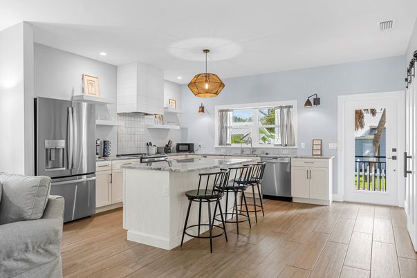 Interior, Kitchen, Pendant Lights, Recessed Lighting, Stainless Steel Appliances, Wood Texture Flooring