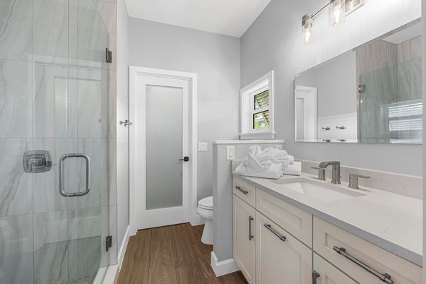 Bathroom, Glass Shower, Interior, Wood Texture Flooring
