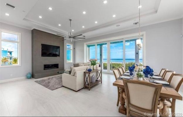 Dining room, Fireplace, Interior, Living room, Pendant Lights, Recessed Lighting, Water