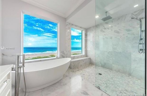 Bathroom, Free Standing Baths, Glass Shower, Interior, Marble, Marble Walls, Recessed Lighting, Water