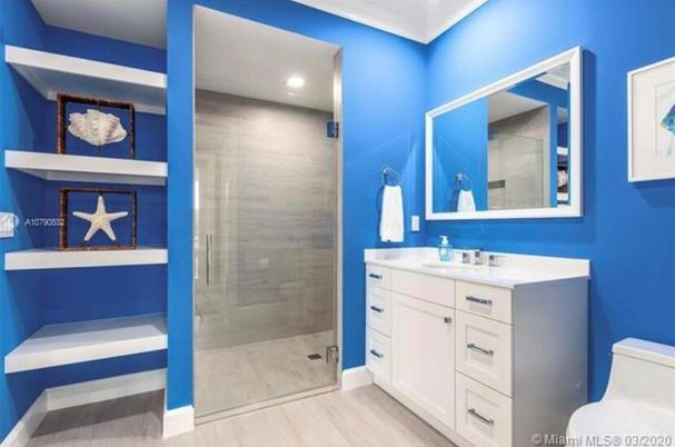 Bathroom, Glass Shower, Interior, Recessed Lighting, Wood Texture Flooring