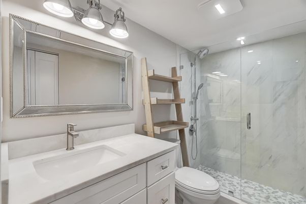 Bathroom, Glass Shower, Interior, Marble Walls, Recessed Lighting