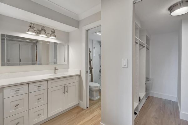 Bathroom, Dual Sink Vanities, Interior, Walk-in Closets, Wood Texture Flooring