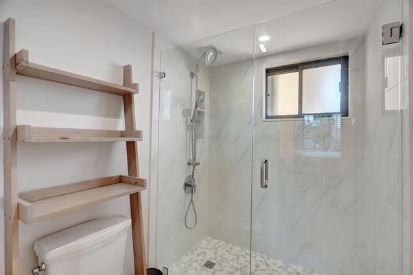 Bathroom, Glass Shower, Interior, Marble Walls, Recessed Lighting