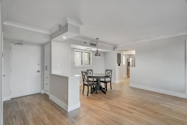 Dining room, Interior, Pendant Lights, Recessed Lighting, Wood Texture Flooring