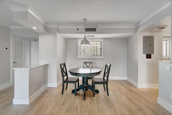 Dining room, Interior, Pendant Lights, Recessed Lighting, Wood Texture Flooring