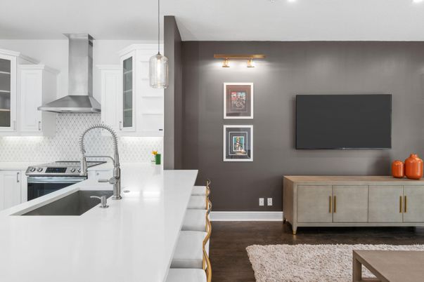 Interior, Kitchen, Pendant Lights, Stainless Steel Appliances, Wood Texture Flooring