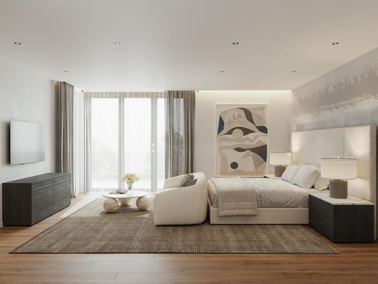 Bedroom, Interior, Recessed Lighting, Wood Texture Flooring