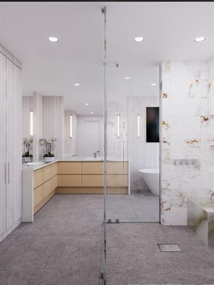 Bathroom, Dual Sink Vanities, Free Standing Baths, Glass Shower, Interior, Marble Walls, Recessed Lighting