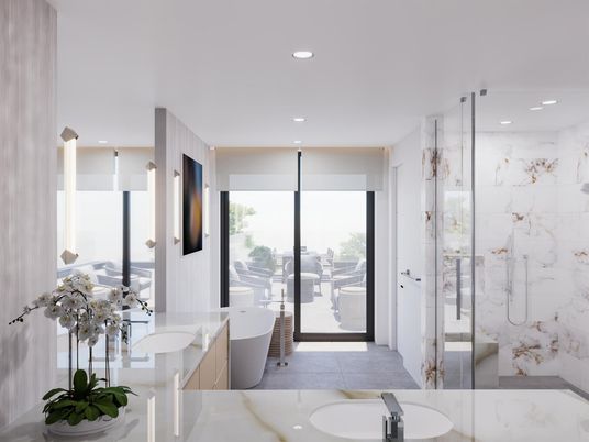 Bathroom, Free Standing Baths, Glass Shower, Interior, Marble Walls, Recessed Lighting