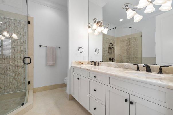 Bathroom, Dual Sink Vanities, Glass Shower, Interior, Recessed Lighting