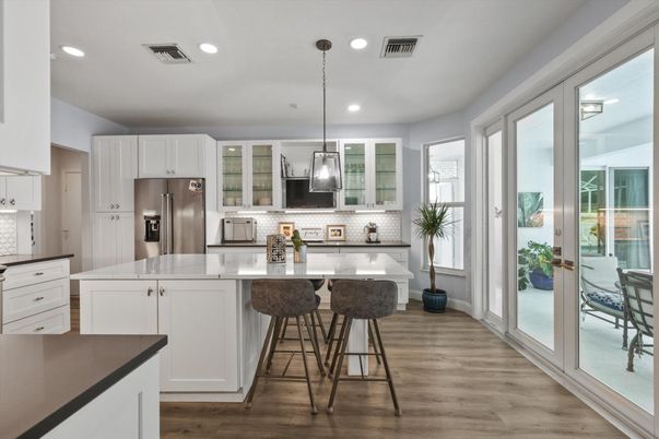 Interior, Kitchen, Pendant Lights, Recessed Lighting, Stainless Steel Appliances, Wood Texture Flooring
