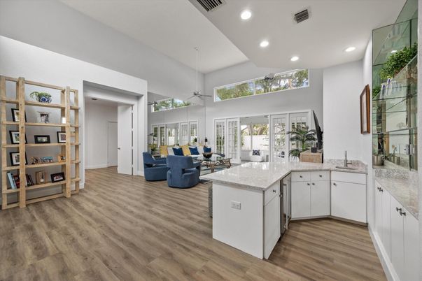 Interior, Kitchen, Living room, Recessed Lighting, Wood Texture Flooring