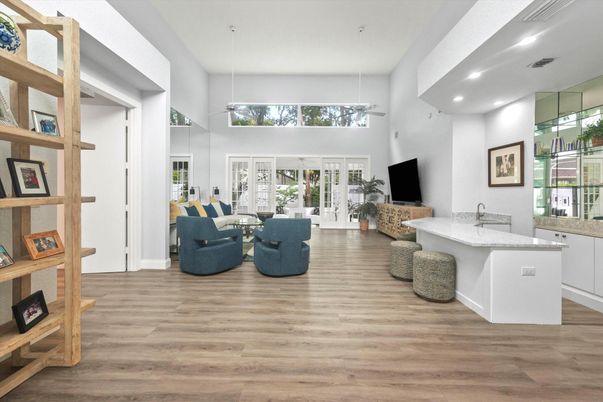 Interior, Living room, Pendant Lights, Recessed Lighting, Wood Texture Flooring