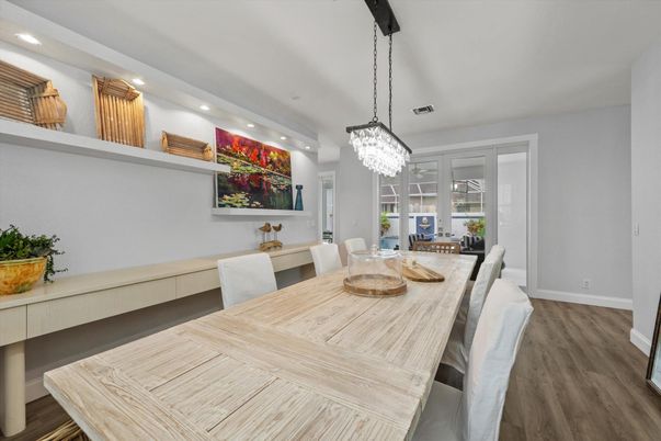 Chandelier, Dining room, Interior, Pendant Lights, Recessed Lighting, Wood Texture Flooring