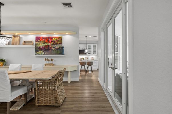 Dining room, Interior, Pendant Lights, Recessed Lighting, Wood Texture Flooring