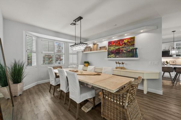 Chandelier, Dining room, Interior, Pendant Lights, Recessed Lighting, Wood Texture Flooring