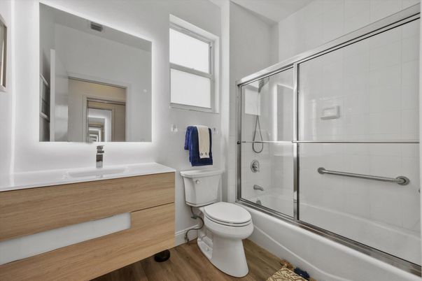 Bathroom, Glass Shower, Interior, Wood Texture Flooring