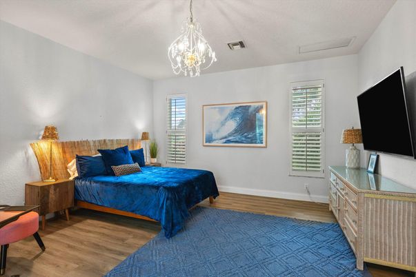 Bedroom, Chandelier, Interior, Wood Texture Flooring