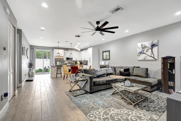 Interior, Kitchen, Living room, Pendant Lights, Recessed Lighting, Wood Texture Flooring