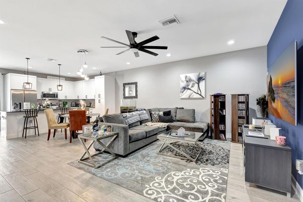 Dining room, Interior, Kitchen, Living room, Pendant Lights, Recessed Lighting, Stainless Steel Appliances, Wood Texture Flooring