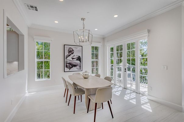 Dining room, Interior, Pendant Lights, Recessed Lighting, Wood Texture Flooring
