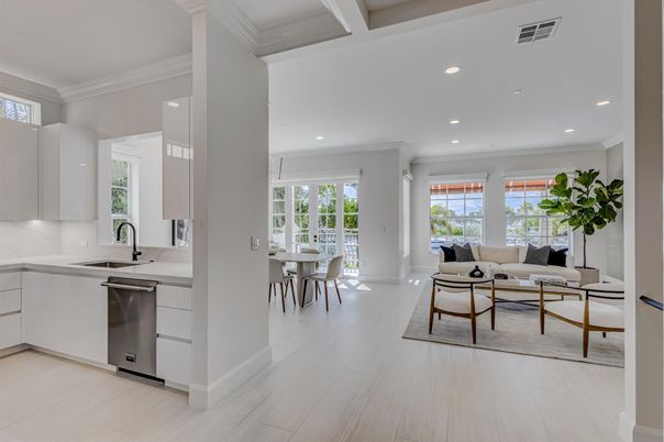 Dining room, Interior, Kitchen, Living room, Recessed Lighting, Stainless Steel Appliances, Wood Texture Flooring
