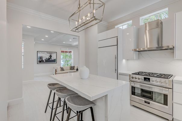 Interior, Kitchen, Marble Walls, Recessed Lighting, Stainless Steel Appliances