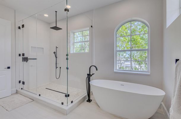 Bathroom, Free Standing Baths, Glass Shower, Interior, Recessed Lighting