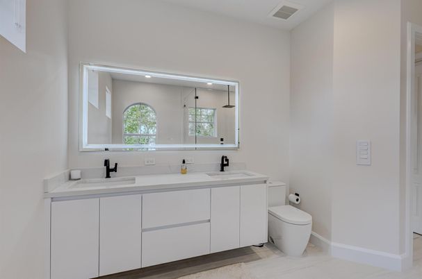 Bathroom, Dual Sink Vanities, Interior, Recessed Lighting, Wood Texture Flooring
