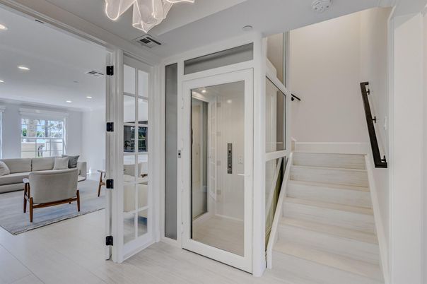 Elevator, Interior, Living room, Recessed Lighting, Wood Texture Flooring