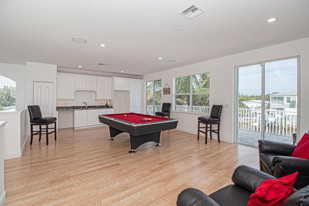 Billiard Table, Game Room, Interior, Recessed Lighting, Wood Texture Flooring