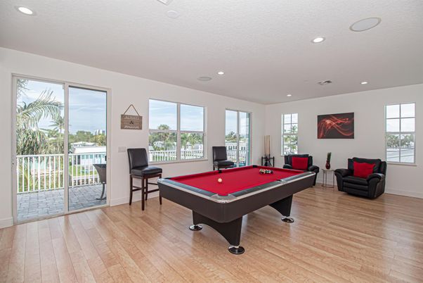 Billiard Table, Game Room, Interior, Recessed Lighting, Wood Texture Flooring