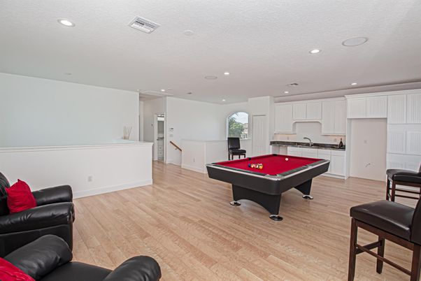 Billiard Table, Game Room, Interior, Recessed Lighting, Wood Texture Flooring