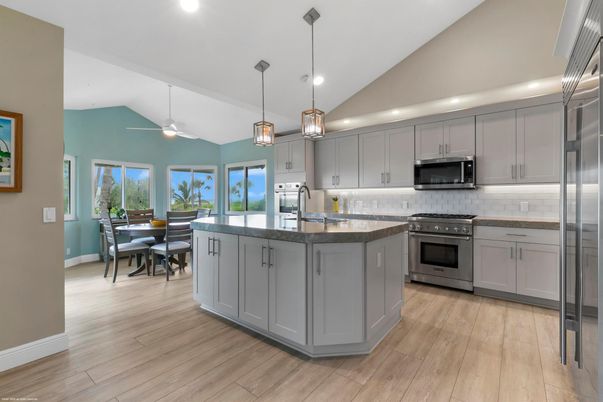 Dining room, Interior, Kitchen, Pendant Lights, Recessed Lighting, Stainless Steel Appliances, Wood Texture Flooring