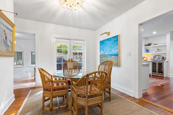 Dining room, Interior, Recessed Lighting, Wood Texture Flooring