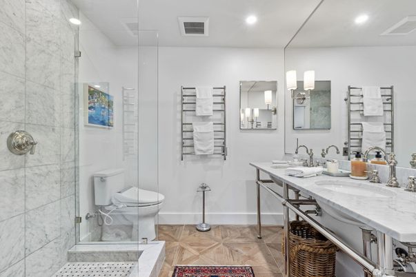 Bathroom, Dual Sink Vanities, Glass Shower, Interior, Marble Walls, Recessed Lighting