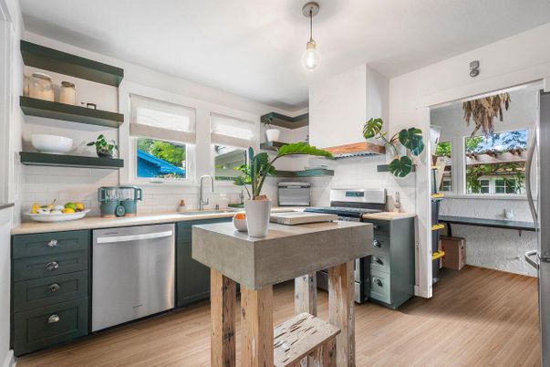 Interior, Kitchen, Pendant Lights, Stainless Steel Appliances, Wood Texture Flooring